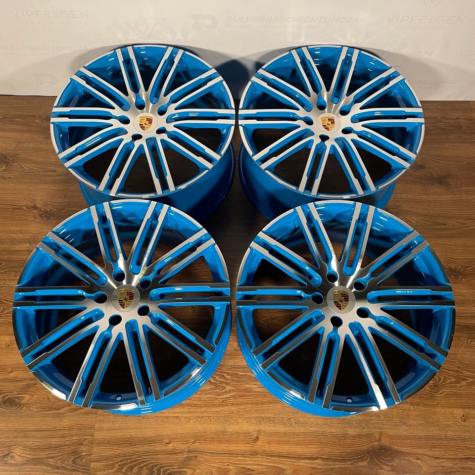 Originale 20 Zoll Porsche 991 C2 "Turbo III Rad" Alufelgen Felgen Leichtmetallfelgen Blau 5015 mit gedrehter Front inkl. Nabendeckel und Michelin PS 4S Sommerreifen mit Porsche M Kennung indiv. auf Kundenwunsch (weitere Farben möglich)